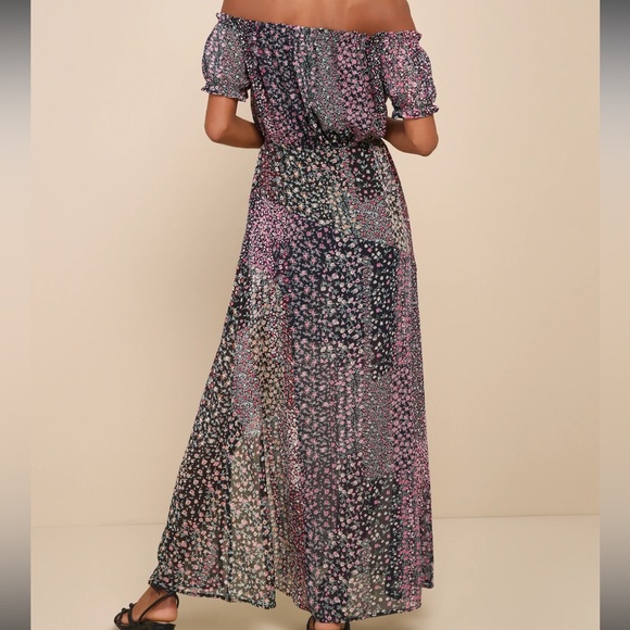 Lulus Neva Navy‎ Blue Floral Print Off-the-Shoulder Maxi Dress - Picture 3 of 9